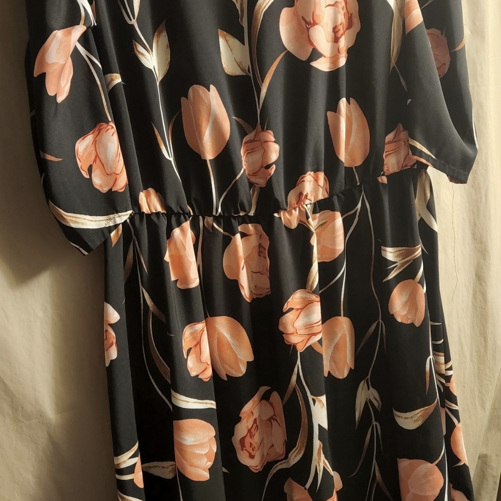 Black Midi Dress with Peach Floral Print Very Light